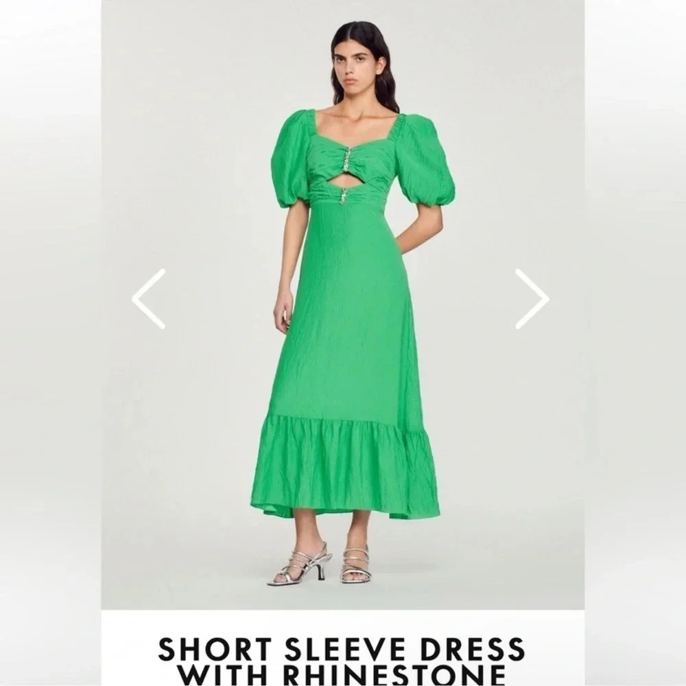 💚‎ Sandro Paris Rhinestone Cutout Green Midi Dress ✨ Puff Sleeve Glam 💚